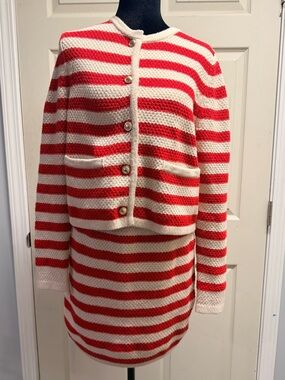 a new day Women’s Red and Cream Striped Knit Cardigan and Skirt Set